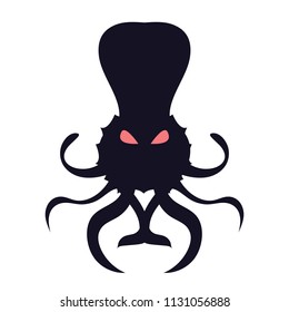 Octopus,kraken, devilfish. Modern flat cartoon vector illustration icons. Isolated on white background. Scary octopus. Black Kraken silhouette with red eyes. Character octopus. Big sea ocean monster.