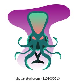 Octopus,kraken, devilfish, poulpe. Modern flat cartoon vector illustration icons. Isolated on white background. Scary octopus. Green Kraken with red eyes. Character octopus. Big sea ocean monster.