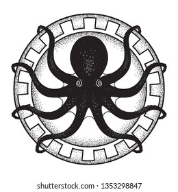 Octous on shield hand drawn black and white line art and dot work isolated vetor illustration