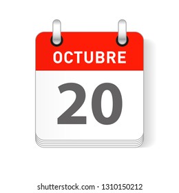 Octuber 20, October 20 date visible on a page a day organizer calendar in spanish Language