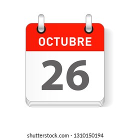 Octuber 26, October 26 date visible on a page a day organizer calendar in spanish Language