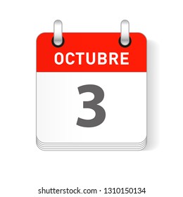 Octuber 3, October 3 date visible on a page a day organizer calendar in spanish Language