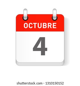 Octuber 4, October 4 date visible on a page a day organizer calendar in spanish Language