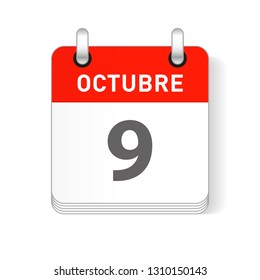 Octuber 9, October 9 date visible on a page a day organizer calendar in spanish Language