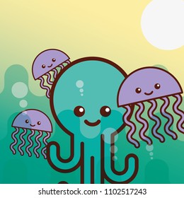 octupus jellyfish sea life cartoon