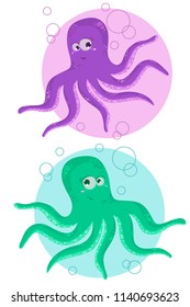 Octupus. Two funny cartoon octopus. Vector illustation.