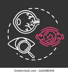 Ocular oncology chalk RGB color chalk RGB color concept icon. Eye neoplasm diagnosis. Structure, functioning of eye. Ophthalmology idea. Vector isolated chalkboard illustration on black background