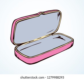 ocular rim wallet on light table backdrop. Bright pink color hand drawn luxury healthcare object logo pictogram emblem in retro art doodle style on space for text. Closeup view