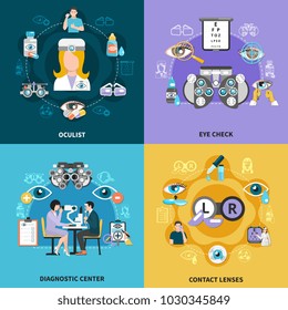 Oculist 4 flat icons compositions concept with ophthalmology diagnostic center vision test and correction  isolated vector illustration  