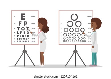 Oculist African American Doctor Couple Pointing At Letter On Board. Checking Eyesight And Vision Examination. Medical Treatment Concept. Isolated Flat Vector Illustration