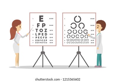 Oculist African American Doctor Couple Pointing At Letter On Board. Checking Eyesight And Vision Examination. Medical Treatment Concept. Isolated Flat Vector Illustration