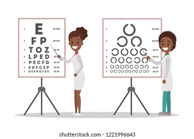 Oculist African American Doctor Couple Pointing At Letter On Board. Checking Eyesight And Vision Examination. Medical Treatment Concept. Isolated Flat Vector Illustration