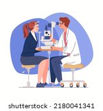 Oculist checks vision of woman, doctor in form conducts eye examination procedure. Medical and healthcare concept, ophthalmologists office equipment, slit lamp. Vector flat cartoon illustration.