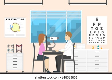 Oculist at clinic. Doctor examines a woman.