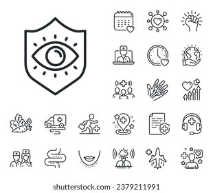 Oculist clinic sign. Online doctor, patient and medicine outline icons. Eye protection line icon. Optometry vision symbol. Eye protection line sign. Veins, nerves and cosmetic procedure icon. Vector
