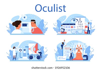 Oculist concept set. Idea of eye exam and treatment. Eyesight diagnosis and laser correction. Oculist in the uniform check vision. Vector illustration in cartoon style