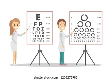 Oculist Doctor Couple Pointing At Letter On Board. Checking Eyesight And Vision Examination. Medical Treatment Concept. Isolated Flat Vector Illustration