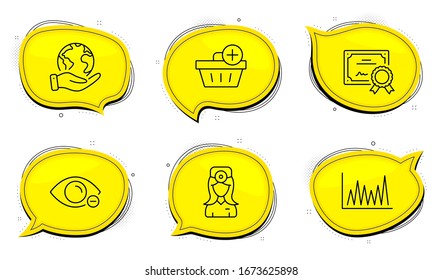 Oculist Doctor Sign. Diploma Certificate, Save Planet Chat Bubbles. Myopia, Line Graph And Add Purchase Line Icons Set. Eye Vision, Market Diagram, Shopping Order. Optometrist. Business Set. Vector