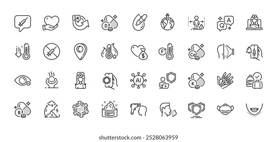 Oculist doctor, Skin cream and Eye drops line icons pack. AI, Question and Answer, Map pin icons. Shield, Face id, Low thermometer web icon. Vector