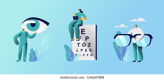 Oculist Doctors Set, Professional Optician Exam Devices for Treatment Vision Eyeglasses and Chart for Eyesight Check Up. Medical Optician Treatment Focus Correction.Cartoon Flat Vector Illustration