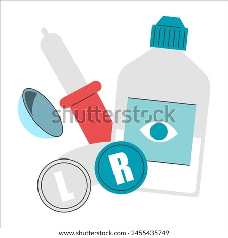 Oculist equipment set vector isolated. Tools for eye treatment. Contact lenses, lens case, dropper and eye solution.