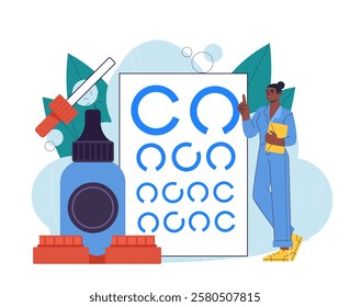 Oculist with eye drops. Woman in medical uniform near pipette with medicine. Oculist and ophthalmologist at workplace. Vision check. Diagnosis and treatment. Flat vector illustration
