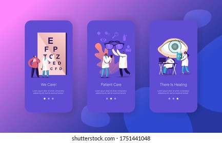 Oculist Eye Sight Checkup Mobile App Page Onboard Screen Template. Tiny Ophthalmologist Doctor Characters Check Eyesight, Professional Vision Treatment Concept. Cartoon People Vector Illustration