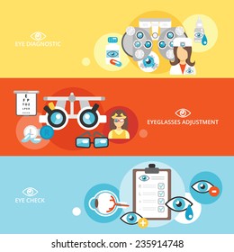 Oculist flat banner set with eye check diagnostics eyeglasses adjustment isolated vector illustration