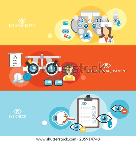 Oculist flat banner set with eye check diagnostics eyeglasses adjustment isolated vector illustration