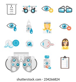 Oculist flat icons set with eye glasses lenses eyeball isolated vector illustration