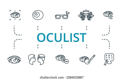 Conjunto de iconos de la lista desplegable. Colección de elementos simples como los vasos, ceguera, 13, corrección de la visión, astigmatismo, cirugía de cataratas.