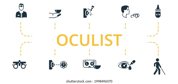 Oculist icon set. Contains editable icons theme such as medical glasses, trial frame, contact lens case and more.