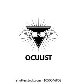 Oculist logo.Glasses icon in Triangle with beams. Vector illustration. Oculist inscription.