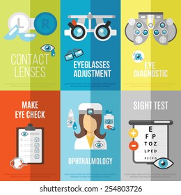 Oculist mini poster set with ophthalmology sight test eyeglasses adjustment isolated vector illustration