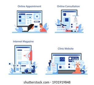 Oculist online service or platform set. Idea of eye exam and treatment. Eyesight diagnosis and laser correction. Online appointment, consultation, clinic website, magazine. Vector flat illustration
