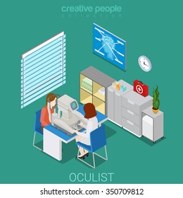 Oculist ophtalmologist ophtalmology doctor visiting flat 3d isometry isometric medicine concept web vector illustration. Female patient eye doctor checkup eyesight measure. Creative people collection.