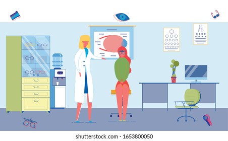 Oculist Ophthalmological Sight Test with People Characters in Healthcare Clinic with Modern Equipment. Eyeglasses Adjustment, Vision Correction and Optometrist Check Up. Flat Vector Illustration.