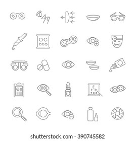 Oculist optometry vision correction eyes health black icons set isolated vector illustration