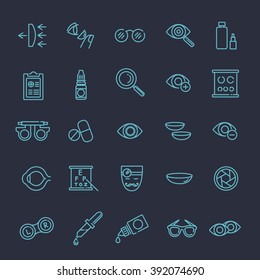 Oculist optometry vision correction eyes health black icons set isolated vector illustration