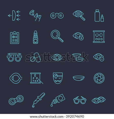 Oculist optometry vision correction eyes health black icons set isolated vector illustration