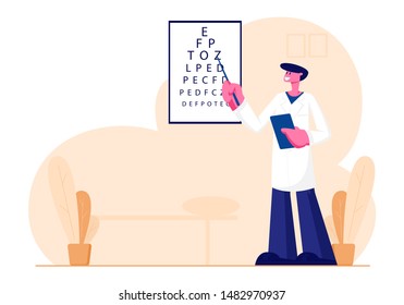 Oculist Stand at Vision Test Chart with Pointer for Patient Checkup Eye Sight. Doctor Checking Eyesight for Eyeglasses Diopter. Professional Optician Exam Treatment Cartoon Flat Vector Illustration