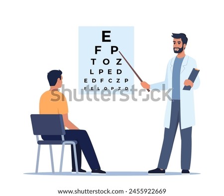 Oculist standing near eye test board and showing letter to patient. Ophthalmology diagnostics, vision correction, optometry. Ophthalmologist checking eyesight of patient. Eye clinic appointment