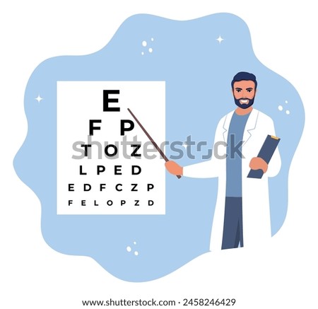 Oculist standing near eye test board and showing letter. Ophthalmology diagnostics, vision correction, optometry. Ophthalmologist checking eyesight of patient. Eye clinic appointment