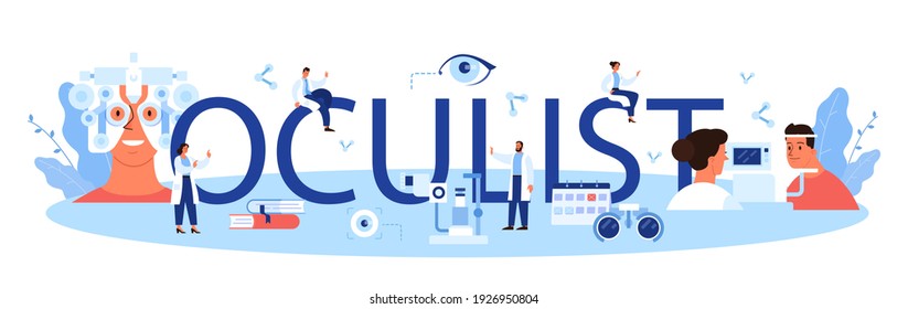 Oculist typographic header. Idea of eye exam and treatment. Eyesight diagnosis and laser correction. Oculist in the uniform check vision. Vector illustration in cartoon style