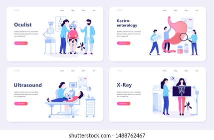 Oculist and ultra sound, x-ray and gastroenterology web banner concept. Idea of medical treatment in hospital. Flat vector illustration