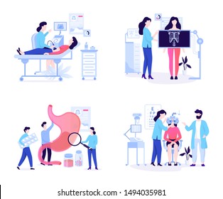 Oculist and ultra sound, x-ray and gastroenterology web banner concept. Idea of medical treatment in hospital. Flat vector illustration