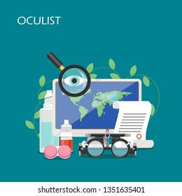 Oculist vector flat illustration. Computer, eye drops, contact lenses container and solution, prescription, trial frame. Optometry, eye test and vision correction equipment for web banner webpage etc.