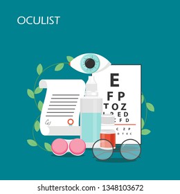 Oculist vector flat illustration. Eye test chart, eye drops, eyeglasses, contact lenses container and solution bottle, prescription. Ophthalmology, optometry, corrective eyewear set for webpage etc.