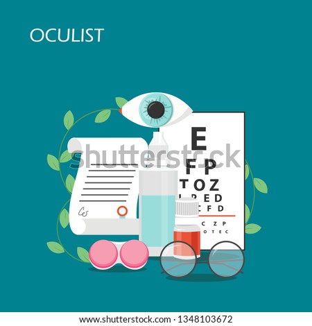 Oculist vector flat illustration. Eye test chart, eye drops, eyeglasses, contact lenses container and solution bottle, prescription. Ophthalmology, optometry, corrective eyewear set for webpage etc.
