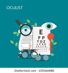 Oculist vector flat illustration. Magnifying glass, eye, eyeglasses, eye test chart, trial frame, prescription. Ophthalmologist equipment for eyesight test and correction for web banner, website page.